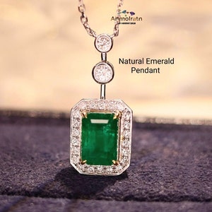 14k White Gold Natural Emerald Pendant: Octagon Solitaire with Moissanite