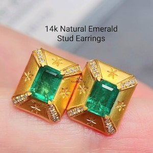 14k Gold Emerald Stud Earrings: Octagon Green Gem, Diamond Accents