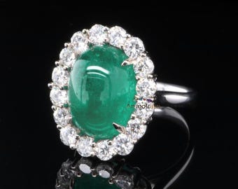 Emerald Cabochon Ring: 6.02Ct Untreated Oval, Moissanite Halo, 14k White Gold