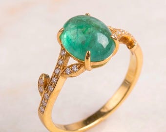 Natürlicher Smaragd Ring: Vintage Grün Oval Cabochon Art Deco 14k Gold Silber 7 x 9 mm