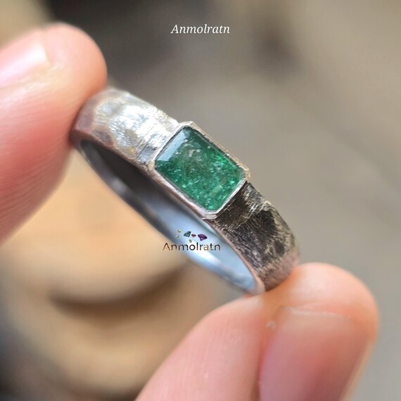 Natural Emerald Silver Ring: Antique Handmade Octagon Bezel Set Solitaire, May Birthstone