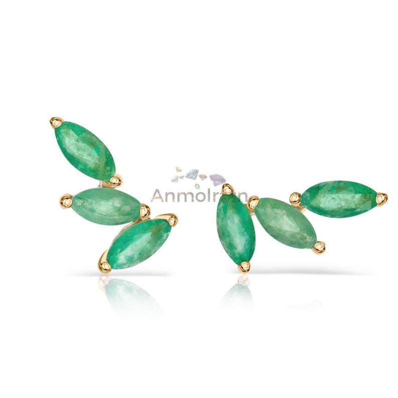 Real Emerald Earring Crawlers, Marquise Shape Gemstone earrings in Gold, Green Cuff Earrings Women, Birthstone Earring Climbers Gift Women image 7