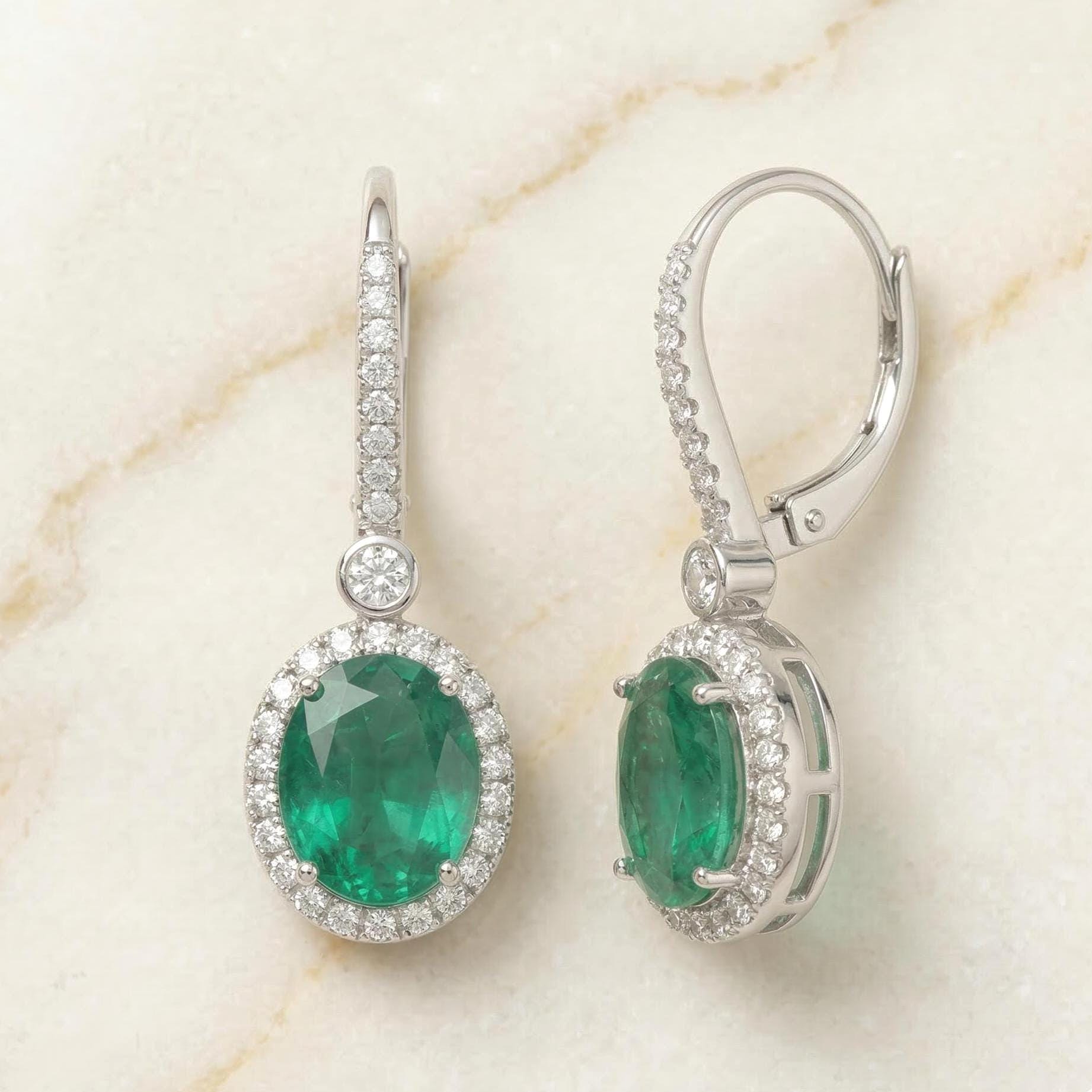 Orecchini A Bottone Con Smeraldo Sintetico – Placcato Oro 18kt, Argento 925, Taglio Ovale 6x8mm, Per Donna