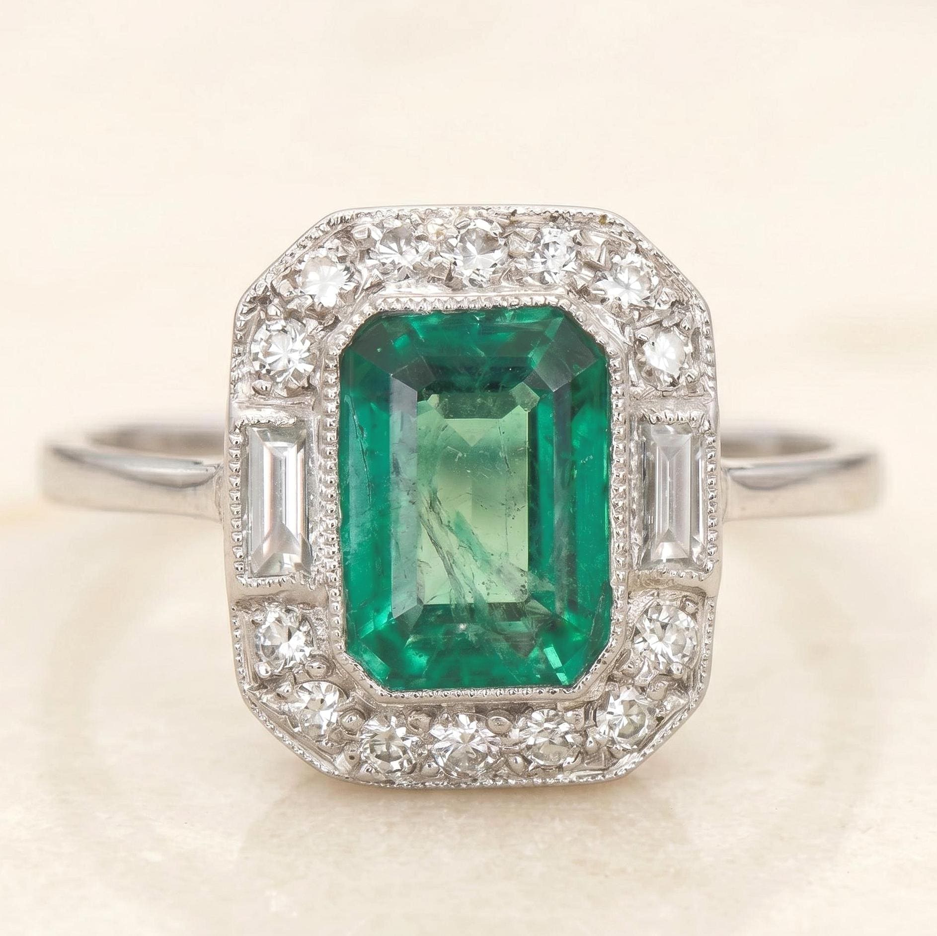 Natural Zambian Emerald Ring 14k White Gold Art Deco Cluster, Vintage Style Dainty Gift
