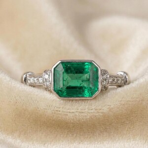 14k Natural Emerald Ring: East West Bezel Set Solitaire, Untreated Diamond Band image 12