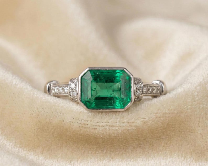 14k Natural Emerald Ring: East West Bezel Set Solitaire, Untreated Diamond Band image 12