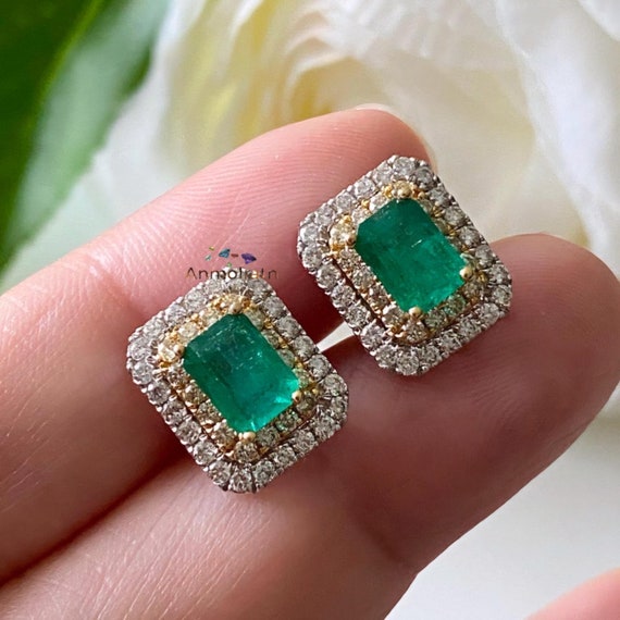 14k Natural Emerald Stud Earrings for Women Halo Emerald Studs Octagon Emerald Diamond Earrings Gift for Her Double Halo Emerald Earrings Etsy