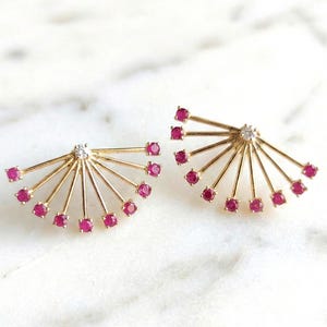 Burmese Ruby Fan Studs: Unheated Vintage Diamond Earrings Gold Silver