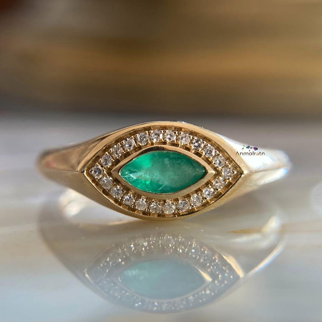 14k Gold Emerald Signet Ring: Marquise Diamond Halo, Vintage Style
