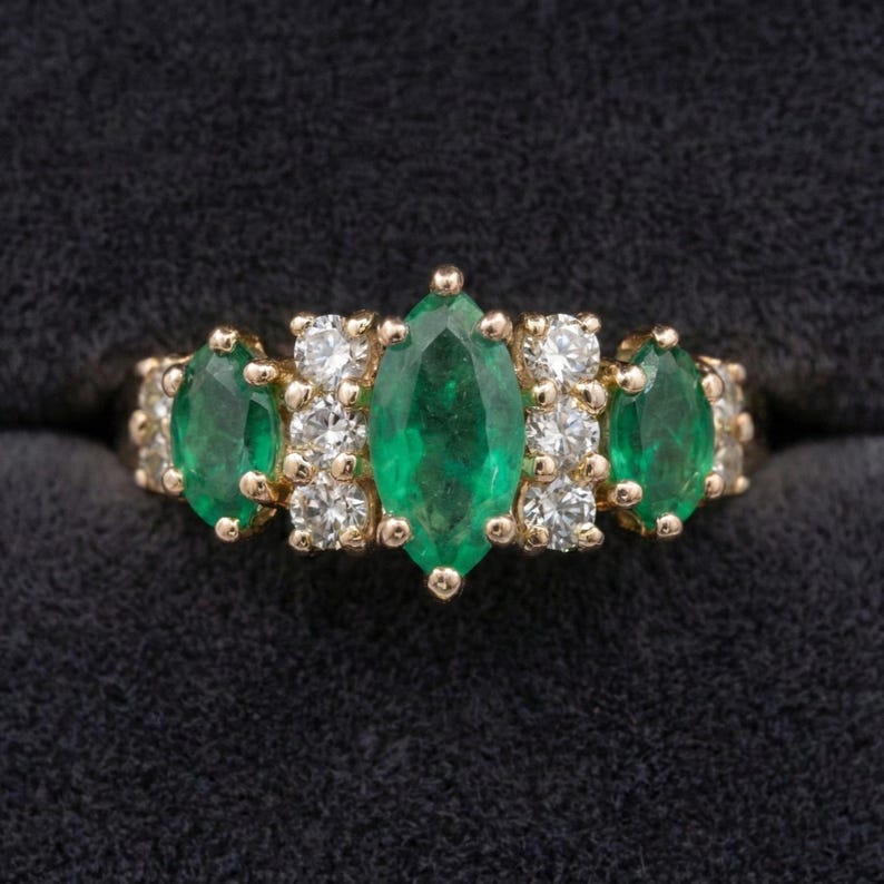 Marquise Emerald Diamond Ring: Vintage 14k Gold Stacking Band, May ...