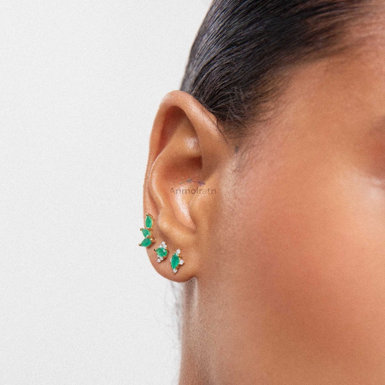 Real Emerald Earring Crawlers, Marquise Shape Gemstone earrings in Gold, Green Cuff Earrings Women, Birthstone Earring Climbers Gift Women image 4