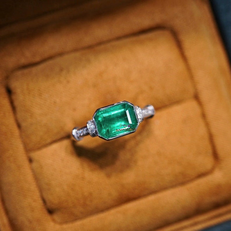 14k Natural Emerald Ring: East West Bezel Set Solitaire, Untreated Diamond Band image 9