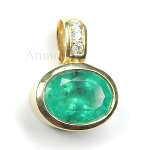 Emerald Pendant With Diamond In 14k Gold, Real Emerald Oval Tiny Gemstone Pendant Green Emerald Solitaire Bezel Pendant For Men & Women Gift