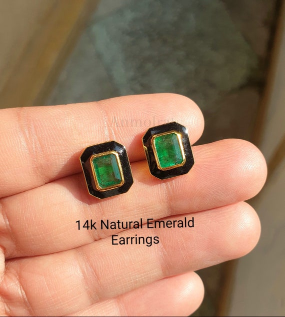Rich Green Emerald Cut Stud Earrings: 14k Gold Bezel Set Octagon Solitaire