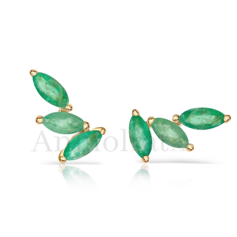 Real Emerald Earring Crawlers, Marquise Shape Gemstone earrings in Gold, Green Cuff Earrings Women, Birthstone Earring Climbers Gift Women image 9