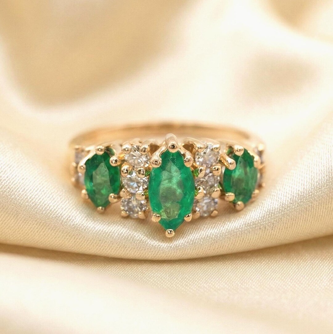 Marquise Emerald Diamond Ring: Vintage 14k Gold Stacking Band, May ...
