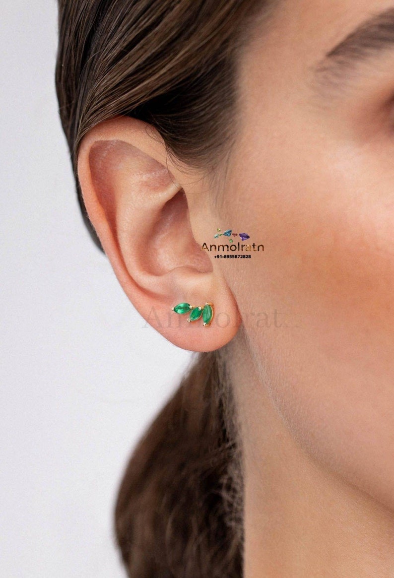 Real Emerald Earring Crawlers, Marquise Shape Gemstone earrings in Gold, Green Cuff Earrings Women, Birthstone Earring Climbers Gift Women image 2