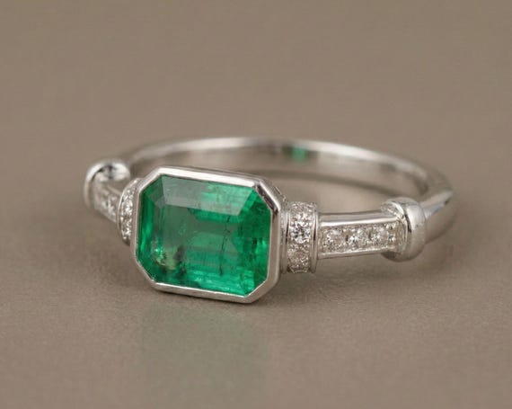14k Natural Emerald Ring: East West Bezel Set Solitaire, Untreated Diamond Band
