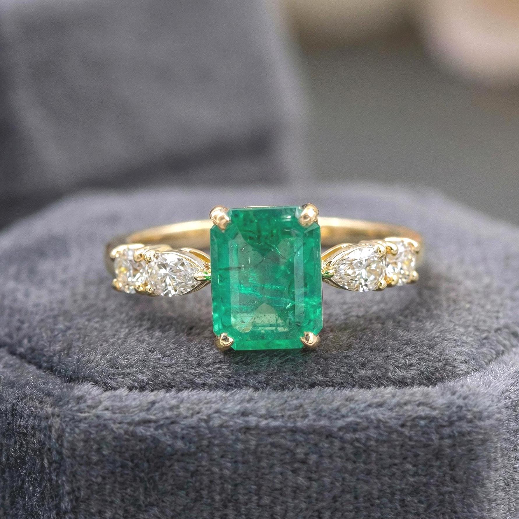 モアサナイト　指輪　リング　4ct　エメラルドカット　ソリティア　12号 天然エメラルドカットリング、14Kブルーイッシュグリーンゴールド