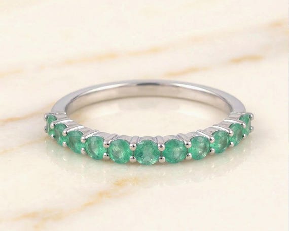 Natural Colombian Emerald Half Eternity Band: 14k White Gold Dainty Stacking Wedding Band Gift