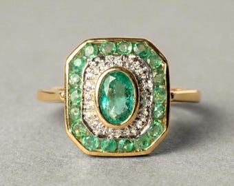 Natürlicher ovaler Zielring: 14k Gold Art Deco Halo, zierliches Ring Geschenk für Frauen