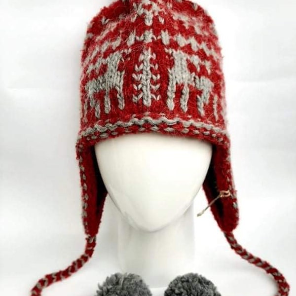 Bonnet nordique tricoté à la main avec oreillettes, casquette de ski avec pompons, chapeau de Noël rouge et gris, chapeau d'hiver chaud pour hommes et femmes, Ushanka avec pompons cerf