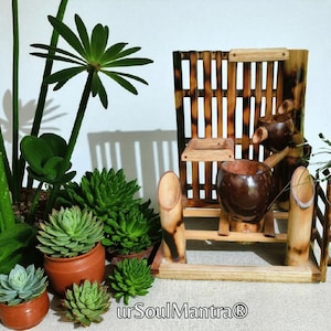 Jeu d'eau de table zen avec bol en noix de coco et jardinières | Décoration de détente intérieure faite main