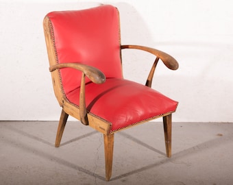Vintage Red Leather Armchair - Hand-Carved Wood, Mid-Century Design