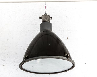 Large Industrial Ceiling Lamp – Black Enamel & Glass, 1960s Vintage