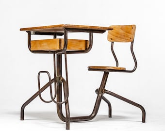 Vintage School Desk and Chair - Vintage Metal and Wood Desk and Chair- French Old School Desk - 1940s Industrial Mid Century Design Desk