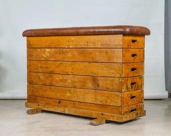 Vintage Brown Leather Vaulting Box – 1960s Gym Decor
