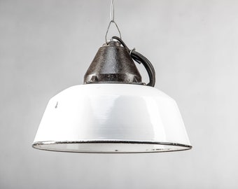 Industrial Ceiling Light - Vintage Hanging Lamp White Enamel - 1960s