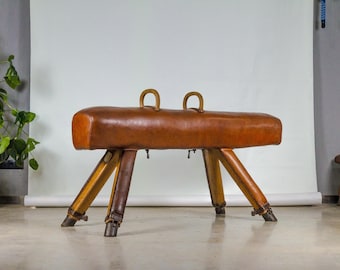 Vintage 1930s Leather Gym Bench with handels – Restored Pommel Horse from Czechoslovakia