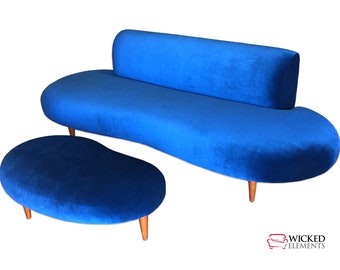 Velvet Royal Blue Sofa & Kidney Ottoman