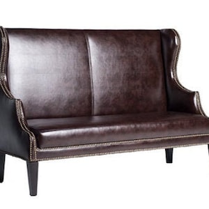 Mid-Century Modern High Back Fabric Settee with Nailhead Trim