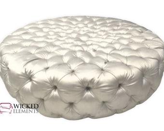 Custom Deep Tufted Ottoman, Round Tufted Cocktail Ottoman