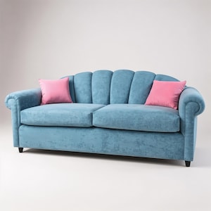 Art Deco Shell Back Sofa | Custom Scalloped Sofa with Throw Pillows