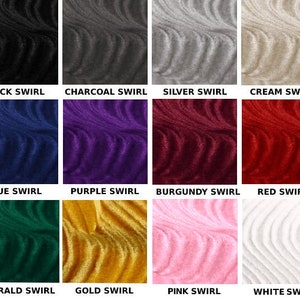May include: A selection of fabric swatches in shades like black, charcoal, silver, cream, blue, purple, burgundy, red, emerald, gold, pink, and white. Each swatch features a swirling design and a text label indicating the colour.
