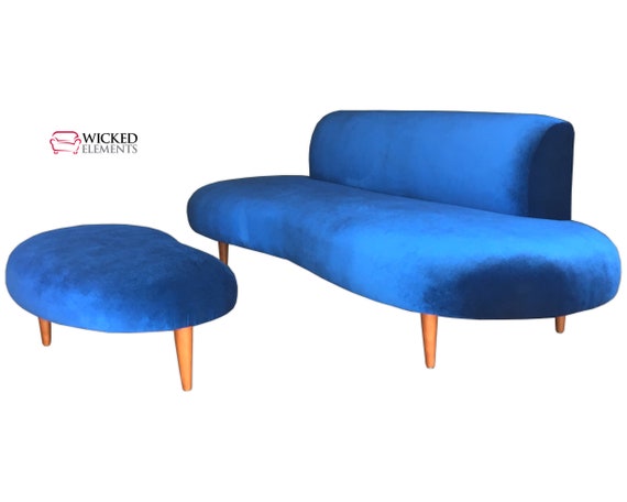 Blue velvet sofa with ottoman deals