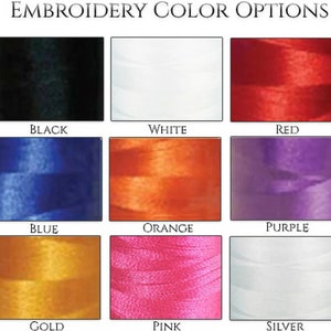 May include: A chart showing embroidery thread color options. The colors are black, white, red, blue, orange, purple, gold, pink, and silver.