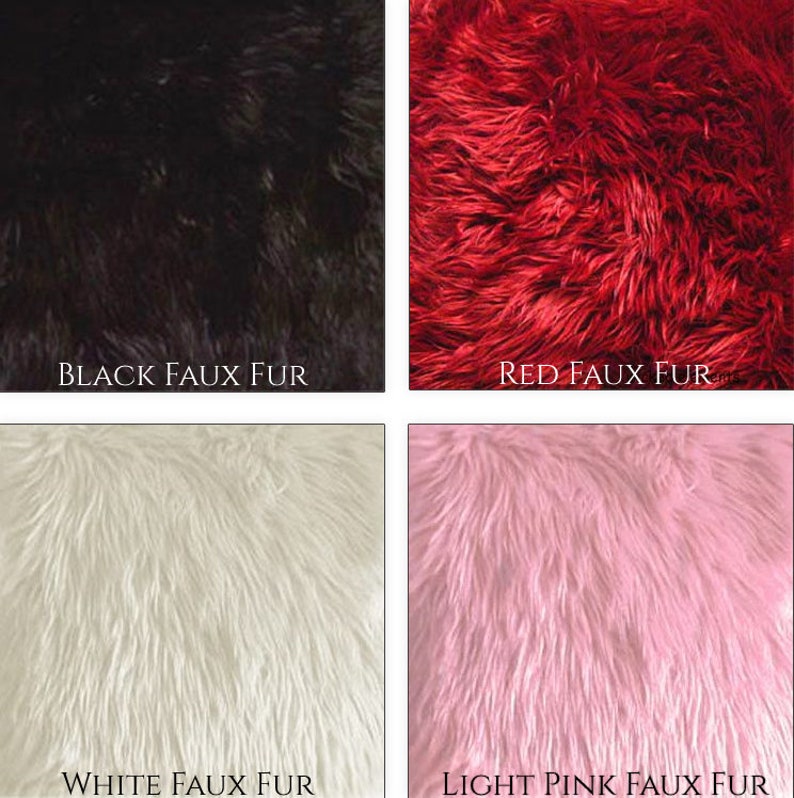 May include: A selection of four faux fur samples in black, red, white, and light pink. Each swatch displays a different colour and texture. The text "BLACK FAUX FUR", "RED FAUX FUR", "WHITE FAUX FUR", and "LIGHT PINK FAUX FUR" is shown below each swatch.