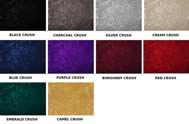 Pode incluir: Uma carta de cores que mostra 10 cores diferentes de tecido de veludo esmagado. As cores s&atilde;o: preto, carv&atilde;o, prata, creme, azul, roxo, bord&ocirc;, vermelho, esmeralda e camelo.