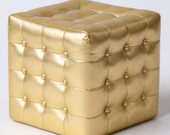Gold Tufted Square Ottoman | Custom Cube Footstool & Accent Piece