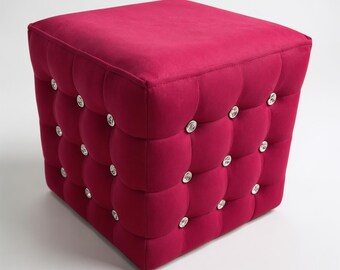 Crystal Tufted Cube Ottoman | Diamond Jewel Button Accent Stool