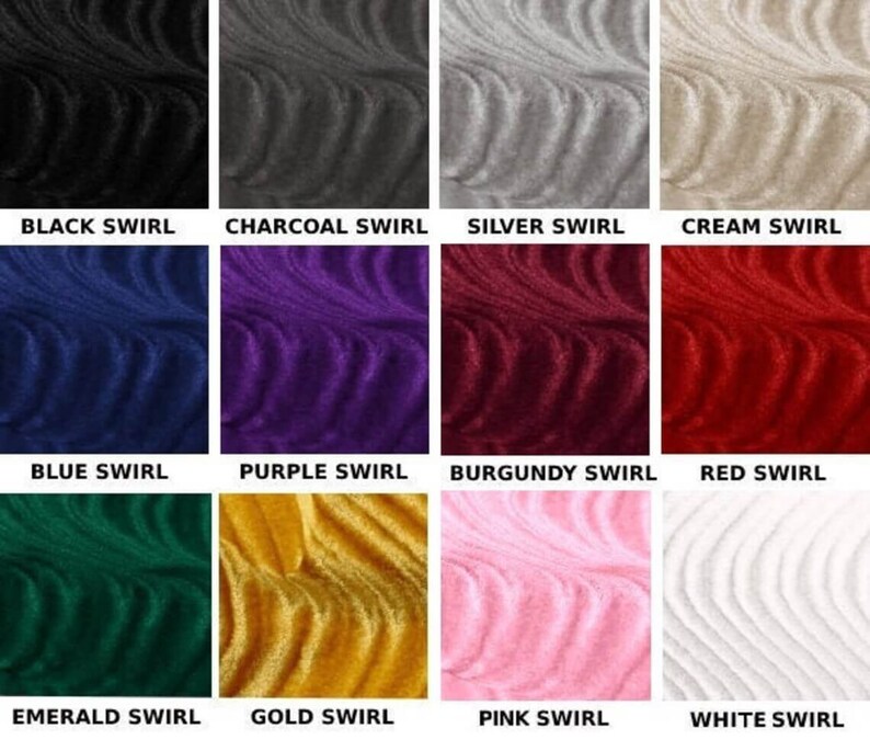 May include: A swatch card showing 12 different colors of nail polish with a swirl design. The colors are black, charcoal, silver, cream, blue, purple, burgundy, red, emerald, gold, pink, and white.