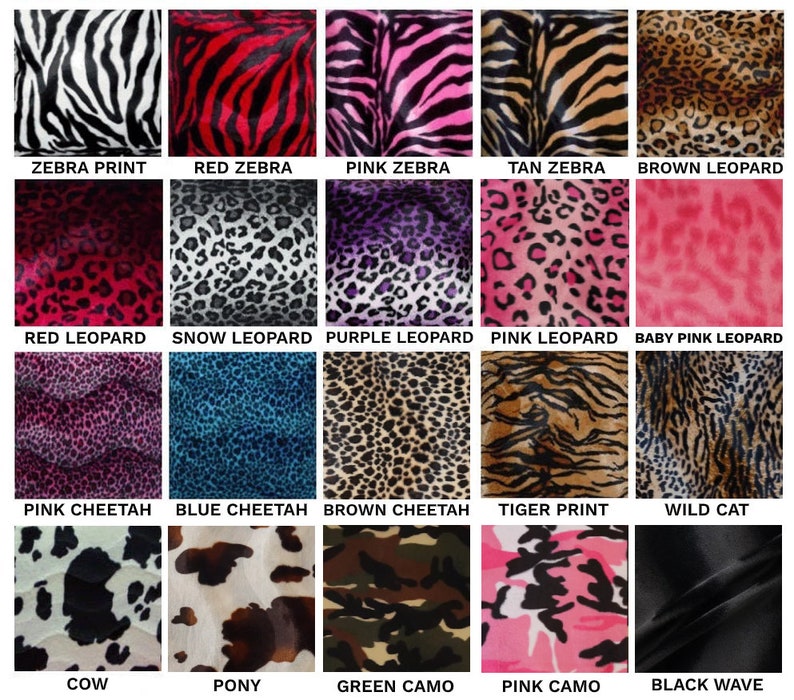May include: A collection of fabric swatches featuring animal and camouflage patterns. The image displays zebra, leopard, cheetah, tiger, cow, pony, camo, and a black wave design. Each swatch is clearly labelled with its corresponding print name.