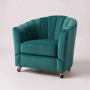Emerald Armchair, Green Velvet Chair, Channel Tufted Arm Chair in Emerald Green