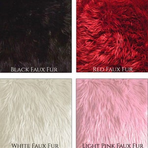 May include: Four swatches of faux fur fabric in different colors: black, red, white, and light pink.