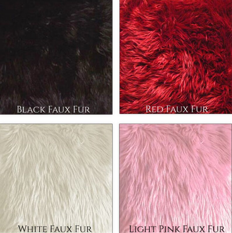 May include: Four swatches of faux fur fabric in different colors: black, red, white, and light pink.