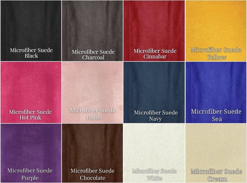 May include: A color chart showing 12 different colors of microfiber suede fabric. The colors are: black, charcoal, cinnabar, yellow, hot pink, blush, navy, sea, purple, chocolate, white, and cream.